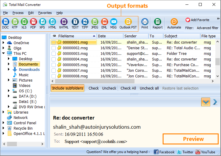 Total Mail Converter - MSG to PST conversion interface
