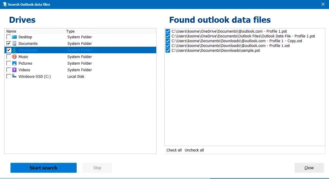 Found Outlook data files