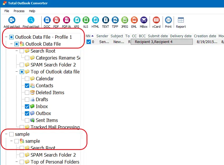 Outlook Conversion Main Screen