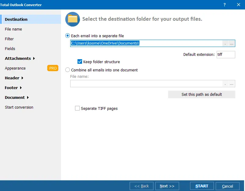 Set the conversion parameters