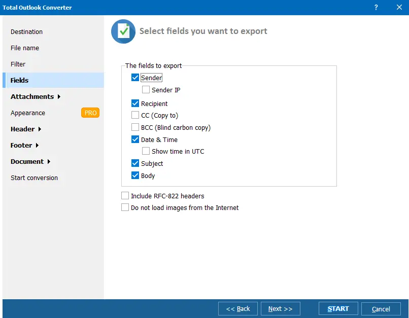 Selecting fields to filter when converting PST files to TIFF