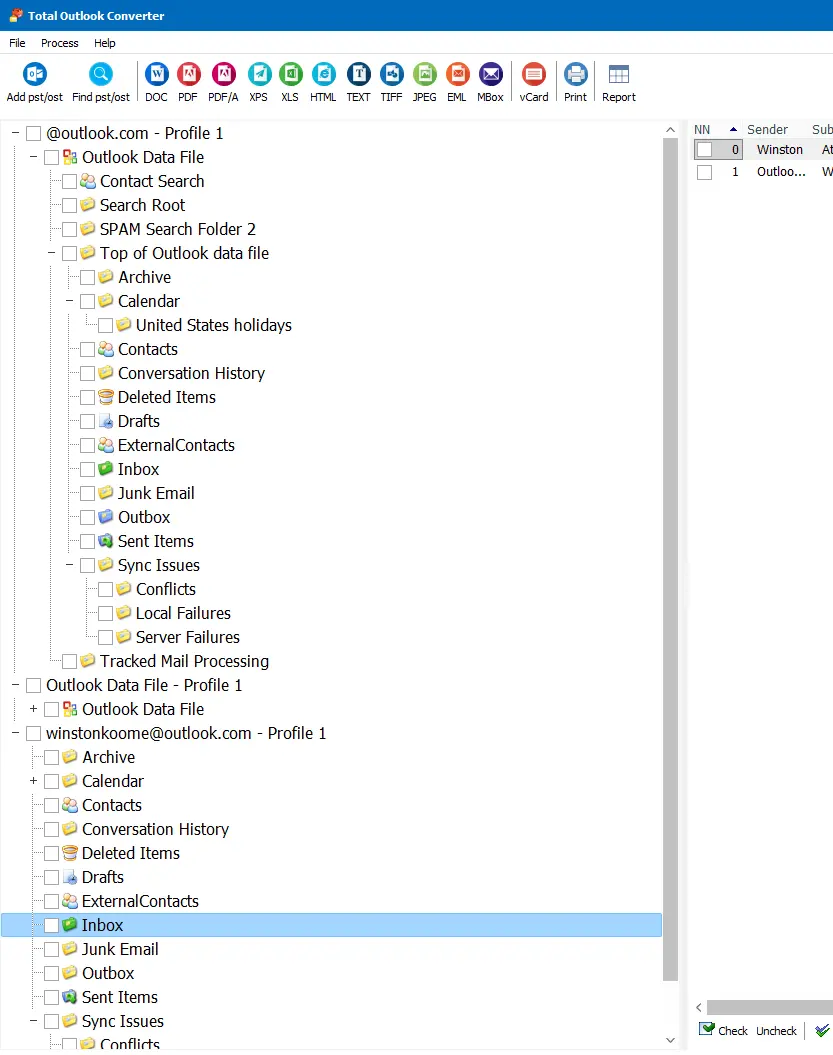 PST files with their file structure and contents