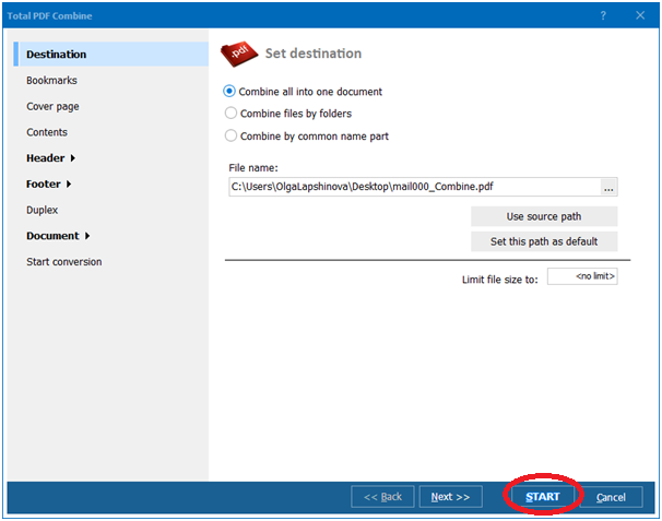 PDF Combine Pro - HTML to PDF merge completed