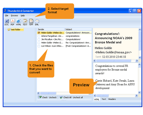 Total Thunderbird Converter Pro interface — selecting emails and exporting to PDF